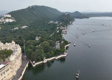 Aerial Drone Shot of City Palace, Udaipur, Rajasthan, India