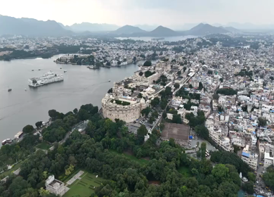 Aerial Drone Shot of City Palace, Udaipur, Rajasthan, India