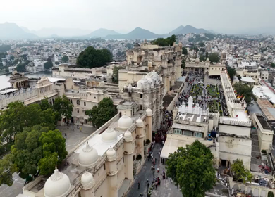 Aerial Drone Shot of City Palace, Udaipur, Rajasthan, India