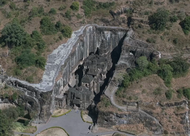 Aerial Drone View of Ellora Caves Kailasa Temple, Maharashtra, India