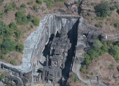 Aerial Drone View of Ellora Caves Kailasa Temple, Maharashtra, India