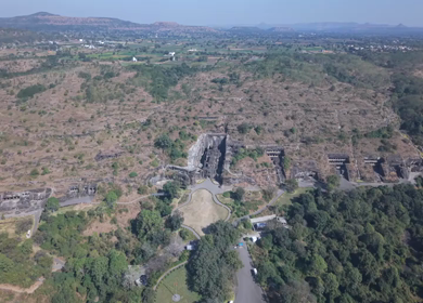 Aerial Drone View of Ellora Caves Kailasa Temple, Maharashtra, India