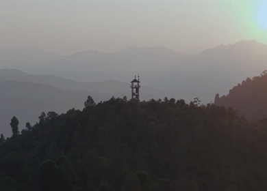 Aerial Drone View of Hilltop Watchtower at Sunrise in Nagaland, Northeast India