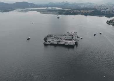 Aerial Drone View of Taj Lake Palace, Udaipur, Rajasthan, India