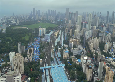 Aerial Evening View of Mahalaxmi Railway Station and Mumbai Cityscape Maharashtra