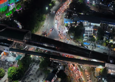 Aerial Night Shot of Anna Nagar Flyover and Traffic Chennai India