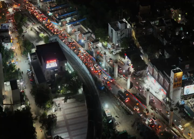 Aerial Night Shot of Anna Nagar Flyover and Traffic Chennai India