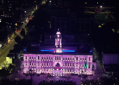 Aerial Night Slow motion View of Ripon Building and Greater Chennai Corporation
