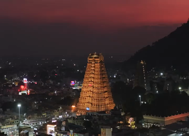 Aerial Night View of Arunachaleswarar Temple Tiruvannamalai at Tamil Nadu