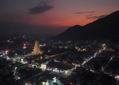Aerial Night View of Arunachaleswarar Temple Tiruvannamalai at Tamil Nadu