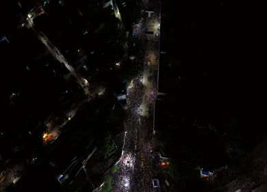 Aerial Night View of Azhagar Festival Crowd Near Vaigai River in Madurai Tamil Nadu India