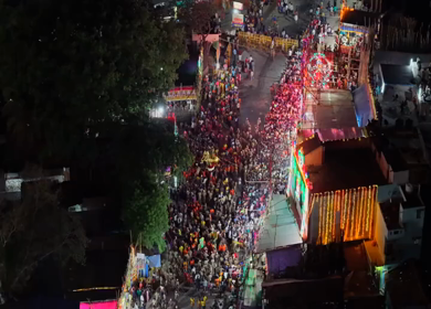Aerial Night View of Azhagar Festival Crowd Near Vaigai River in Madurai Tamil Nadu India