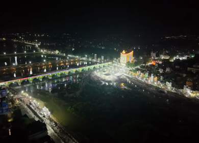 Aerial Night View of Azhagar Festival Crowd Near Vaigai River in Madurai Tamil Nadu India