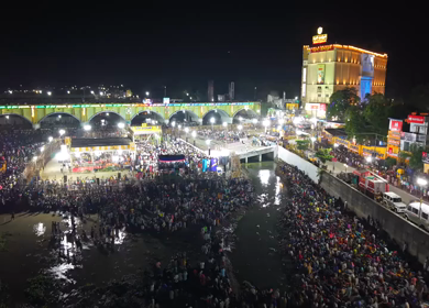 12th May 2025 : Aerial Night View of Azhagar Festival Crowd Near Vaigai River in Madurai Tamil Nadu India