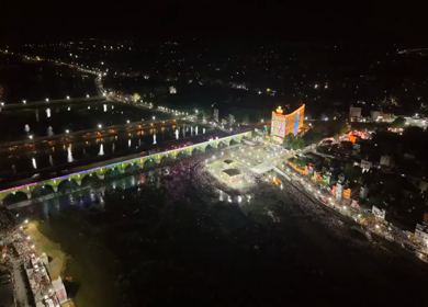 Aerial Night View of Azhagar Festival Crowd Near Vaigai River in Madurai Tamil Nadu India