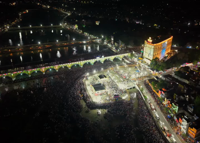 12th May 2025 : Aerial Night View of Azhagar Festival Crowd Near Vaigai River in Madurai Tamil Nadu India