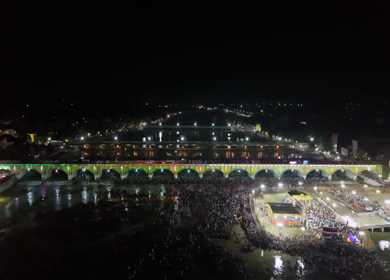 Aerial Night View of Azhagar Festival Crowd Near Vaigai River in Madurai Tamil Nadu India