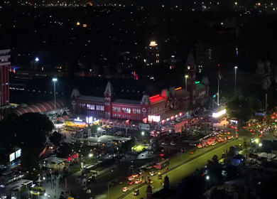 Aerial Night View of Chennai Central Railway Station and City Traffic
