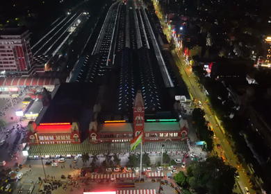 Aerial Night View of Chennai Central Railway Station and City Traffic