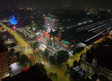 Aerial Night View of Chennai Central Railway Station and City Traffic