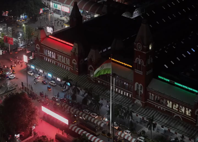 Aerial Night View of Chennai Central Railway Station and City Traffic