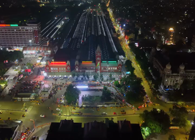 Aerial Night View of Chennai Central Railway Station and City Traffic