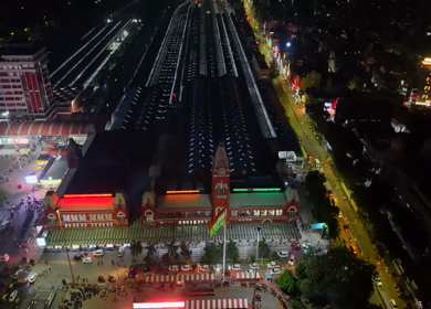 Aerial Night View of Chennai Central Railway Station and City Traffic