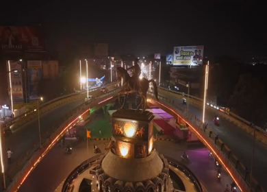 19th February 2026 : Aerial Night View of Chhatrapati Shivaji Maharaj Statue at Kranti Chowk Sambhajinagar Maharashtra India
