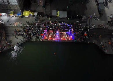 Aerial Night View of Ganga Aarti at Ramkund Ghat Nashik Maharashtra India