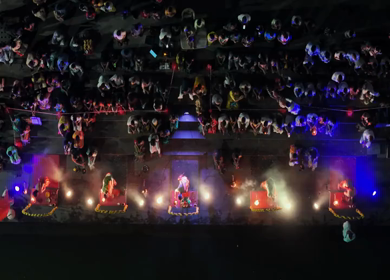 Aerial Night View of Ganga Aarti at Ramkund Ghat Nashik Maharashtra India