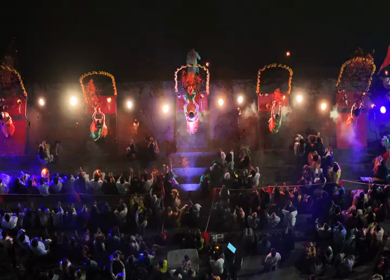 Aerial Night View of Ganga Aarti at Ramkund Ghat Nashik Maharashtra India