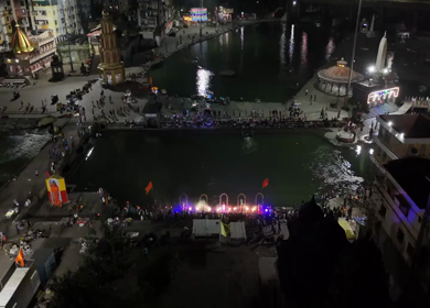 Aerial Night View of Ganga Aarti at Ramkund Ghat Nashik Maharashtra India