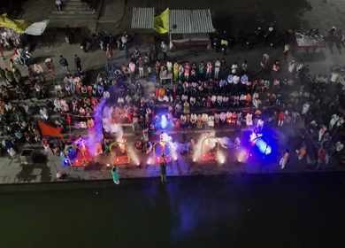 Aerial Night View of Ganga Aarti at Ramkund Ghat Nashik Maharashtra India