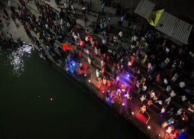 Aerial Night View of Ganga Aarti at Ramkund Ghat Nashik Maharashtra India