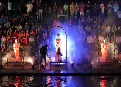 Aerial Night View of Ganga Aarti at Ramkund Ghat Nashik Maharashtra India