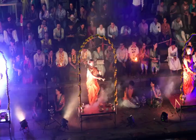 Aerial Night View of Ganga Aarti at Ramkund Ghat Nashik Maharashtra India