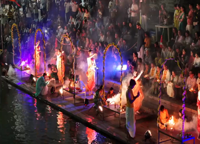 Aerial Night View of Ganga Aarti at Ramkund Ghat Nashik Maharashtra India