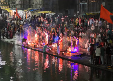 Aerial Night View of Ganga Aarti at Ramkund Ghat Nashik Maharashtra India