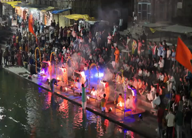 Aerial Night View of Ganga Aarti at Ramkund Ghat Nashik Maharashtra India