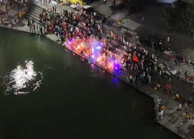 Aerial Night View of Ganga Aarti at Ramkund Ghat Nashik Maharashtra India