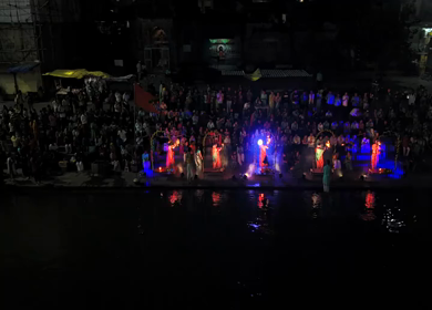 Aerial Night View of Ganga Aarti at Ramkund Ghat Nashik Maharashtra India