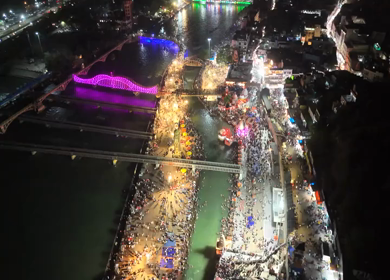 Aerial Night View of Har Ki Pauri Ghat in Haridwar Uttarakhand India