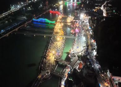 Aerial Night View of Har Ki Pauri Ghat in Haridwar Uttarakhand India