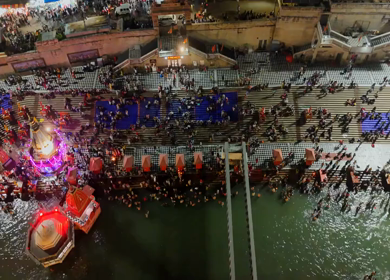 Aerial Night View of Har Ki Pauri Ghat in Haridwar Uttarakhand India