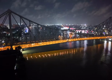 Aerial Night View of Howrah Bridge Kolkata India