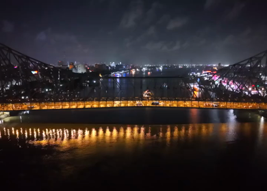 Aerial Night View of Howrah Bridge Kolkata India