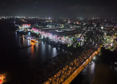 Aerial Night View of Howrah Bridge Kolkata India