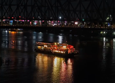 Aerial Night View of Howrah Bridge and Ferry River Kolkata, India