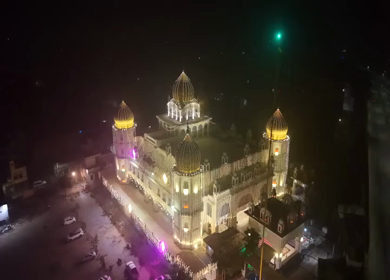Aerial Night View of Illuminated Gurdwara in Ludhiana Punjab India