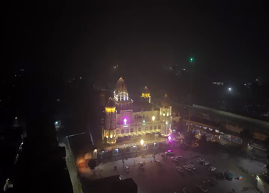 Aerial Night View of Illuminated Gurdwara in Ludhiana Punjab India